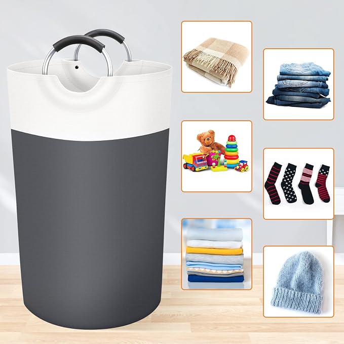 BlissTotes Laundry Basket, Laundry Hamper, Collapsible Laundry Baskets, Dirty Clothes Hamper, Waterproof Laundry Basket with Foam Protected Aluminum Handles for College Dorm, Family 90L (Gray) | Collapsible Dirty Clothes Hamper, Foldable Laundry Bag fo...
