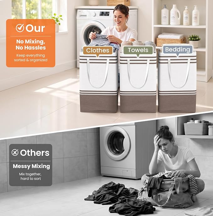 TranquilRelax 3-Pack Laundry Basket, Laundry Hamper, Khaki-88L | Freestanding＆Water-Resistant Laundry Hamper, Collapsible Tall Clothes Hamper with Carry Handles for Clothes, Laundry Basket