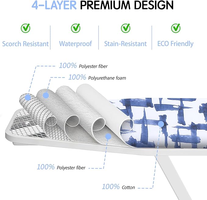 Ironing Board Cover and pad - 15 x 54 Thick Padding 4 Layers with 2" Elastic, Stain Resistant & Durable Scorch, 2 Buckles for Easy Installation in Laundry Room, Blue Brushstrokes (NO Board)