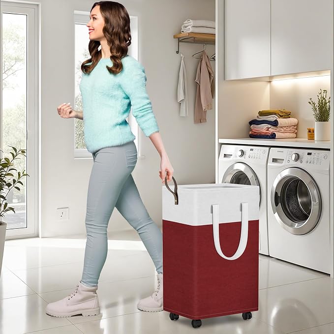 HomeHacks 75L Rolling Laundry Basket with 4 Wheels Collapsible Red | 4 Wheels, Waterproof PEVA Lining, Cotton Flax Fabric, Metal Frame, Bathroom Laundry Room Dorm Storage, Space-Saving Design