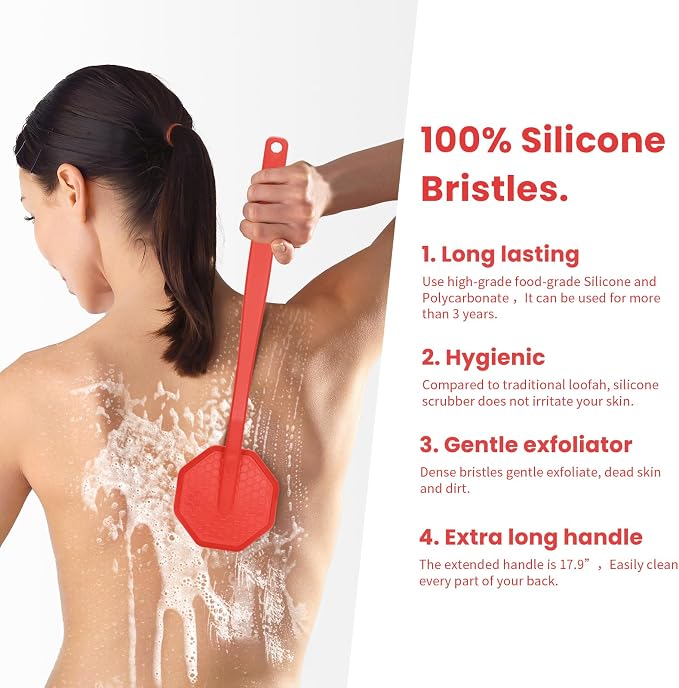 Silver-Infused Silicone Back Scrubber with Long Handle Back Brush for Shower,Back Scrubber Body Exfoliator Scrubber for All Skin Type and Sensitive Skin - for Men and Women - Red