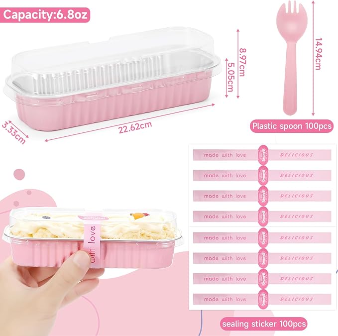 6.8oz Mini Loaf Pans with Lids, 100 Pcs Disposable Rectangular Aluminum Cake Pans, Pink Mini Baking Pans with Lids and Spoons, Includes 20 Pink Gift Bags, Small Cake Tins Ideal for Mini Cakes
