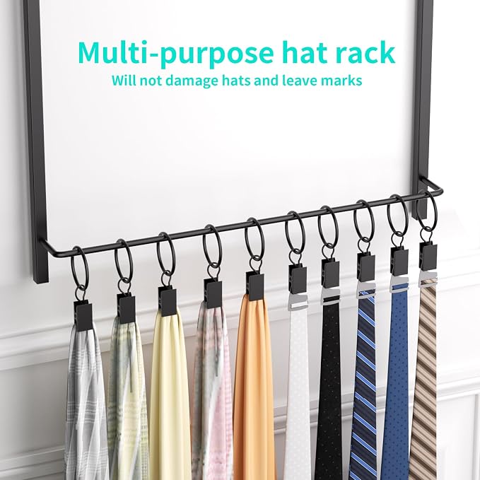 HapiRm Over the Door Hat Organizer - 4 Tier Wall Mounted Hat Rack with 24 Hooks and 10 Movable Clips, Hanging Baseball Cap Organizer Storage Holds to 34 Caps for Door, Bedroom, Closet