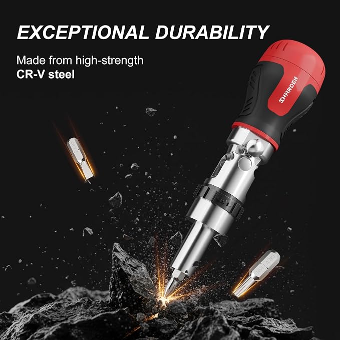 8 in 1 Stubby Ratcheting Screwdriver, Multi Bit Screwdriver Tool | All in One with 6 CRV Bits Phillips, Slotted, Torx,180 Degree Pivoting Adjustable Angle Screw Driver Set for Tight Spaces