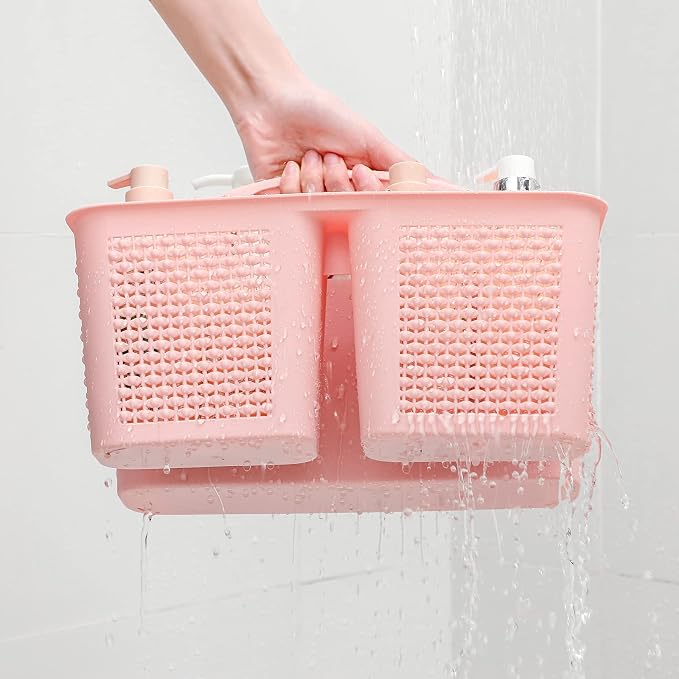 Plastic Portable Shower Caddy Basket with Handle, 3 Compartments, Pink | Storage Organizer with Drain Holes, Sturdy and Durable For Bathroom, Kitchen, College Dorm, Sink, Camping