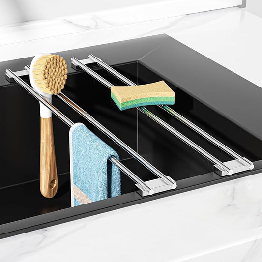 Dish Cloth Holder for Kitchen Sink, Adjustable Over-The-Sink Dish Rag Rack, Metal Kitchen Racks Sink Brush Holder, Drying Rack for Dishcloths, Sponges, Brushes, and Bottles (2, Sliver)