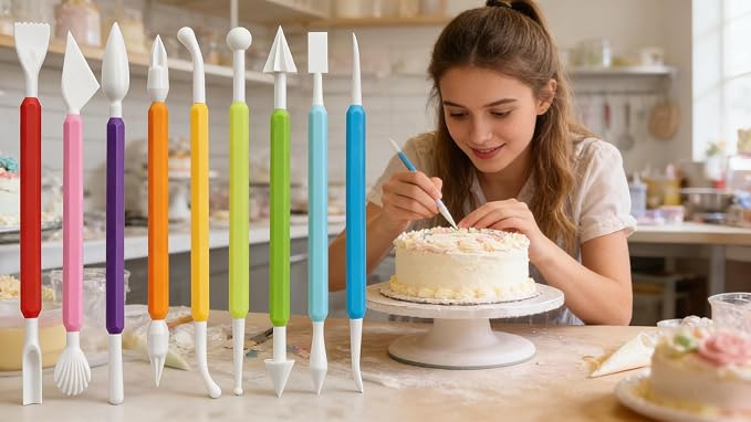 9-Piece Fondant Sculpting Tool Set - Plastic Cake Decorating Pens for Flower Modeling & Baking