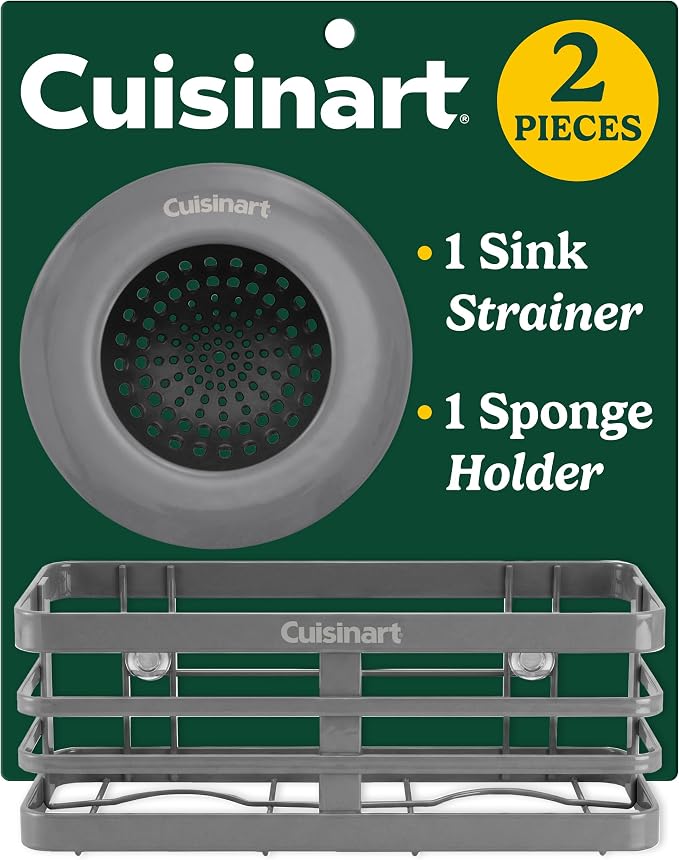 Cuisinart 2 Piece Sink Set – Sink Drain Strainer with Stainless Steel Rim & Silicone Mesh Base & Sponge Holder for Kitchen Sink, Metal Caddy with Triple Suction Cups, Daily Kitchen Essentials