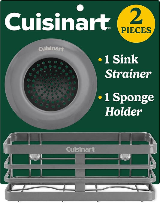 Cuisinart 2 Piece Sink Set – Sink Drain Strainer with Stainless Steel Rim & Silicone Mesh Base & Sponge Holder for Kitchen Sink, Metal Caddy with Triple Suction Cups, Daily Kitchen Essentials