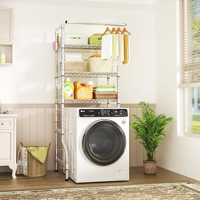 U11 Mini Over Washer and Dryer Shelves, 3 Tiers Laundry Room Storage and Organizer Standing Shelf, Metal Freestanding Clothes Drying Rack, 28.3" W x 19.7" D x 77.6" H, Chrome
