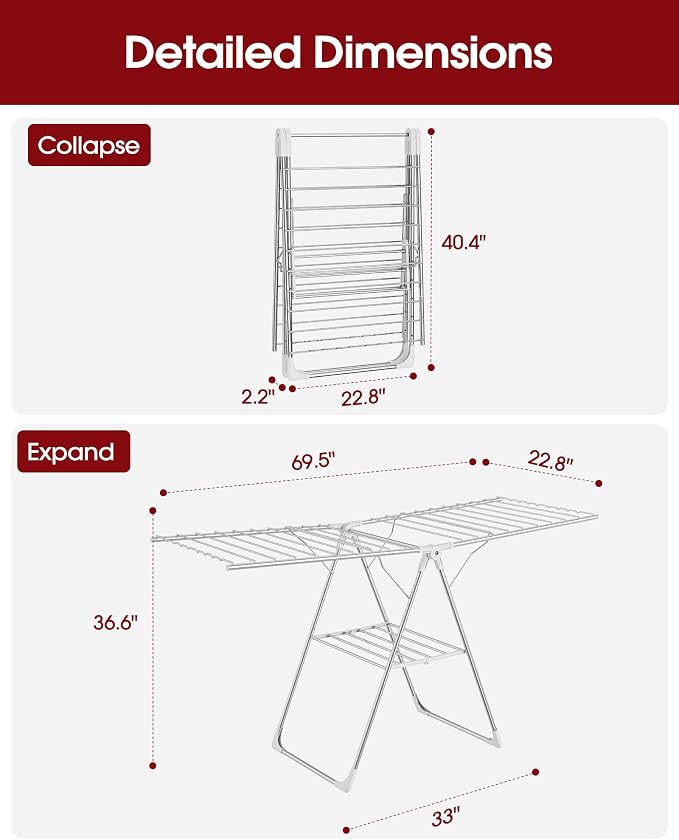 Sakugi Clothes Drying Rack, 69.5" Adjustable Wings, Foldable Design | Laundry Room, Bedroom, Outdoor & Indoor Use, Height Adjustable, Collapsible, Silver White, 69.5" L × 22.8" W