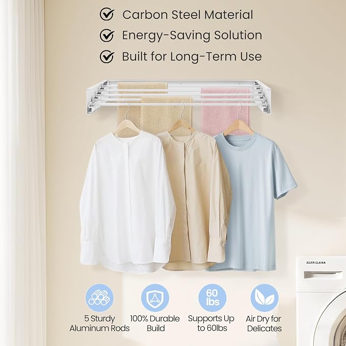 Wall Mounted Laundry Drying Rack, Carbon Steel Foldable & Retractable Clothes Drying Rack, Space Saving Adjustable Towel Holder for Bathroom, Laundry, Small Spaces (1, White, 31.5")