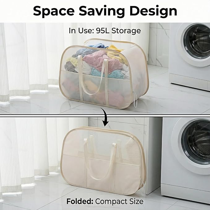 Tsmall bear Foldable Laundry Basket with Mesh Window | 95L Dirty Clothes Hamper with Handles, Sturdy Steel Frame,Collapsible Laundry Hamper for Bedroom,Bathroom,Home,Dorm