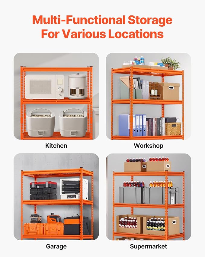 VEVOR Storage Shelves, 2400 lbs, 4 Tier Heavy Duty Garage Shelving, 20" D x 40" W x 60" H Adjustable Metal Shelves for Industrial Shelving Unit Utility Shelf, for Kitchen, Warehouse, Basement, Orange