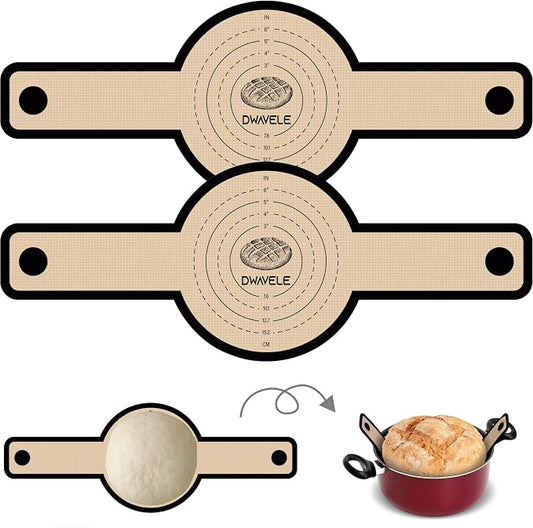 Silicone Bread Sling for Dutch Oven, Non-Stick & Easy to Clean Bread Baking Mat Set, 2 Pcs Reusable Bread Sling with Long Handle to Transfer Sourdough (Black, 2PCS Round)