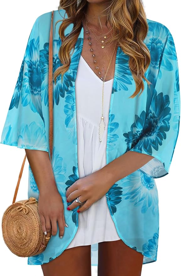 Women Kimono Cardigans Summer Cover Up Hawaiian Shirts Floral Print Tops | ROSEMIA chiffon kimono open front cardigans, beach cover ups, daily casual tops, cruise outfits, summer resort wear
