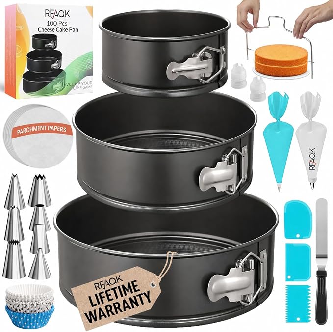 RFAQK 100pcs Cake Pan Sets for Baking + Cake Decorating Supplies: 3 Non-Stick Springform Pans Set (4, 7, 9 inches), Icing Tips, Cake Leveler – Multi-functional Leak-Proof CheeseCake Pan & eBook