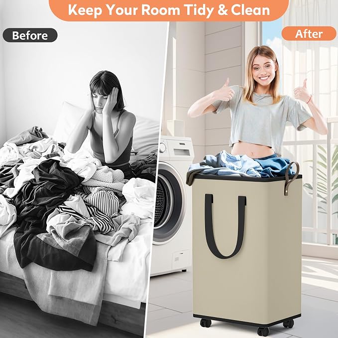 SpaceTrove Rolling Laundry Basket with Wheels, Laundry Hamper, 100L, Beige | Collapsible, 4 detachable wheels including 2 with brakes, sturdy handle, metal frame, for dorms, bathrooms and bedrooms
