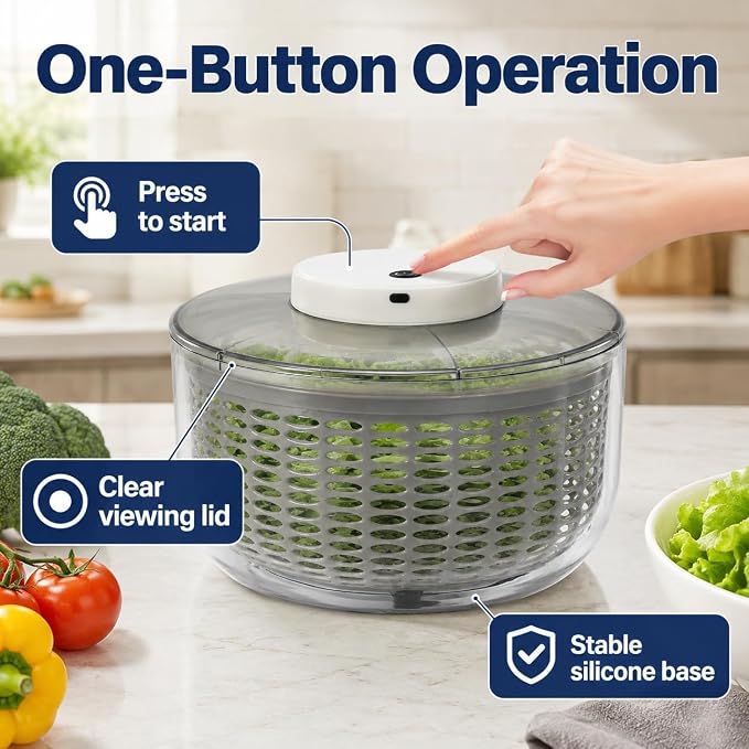 Electric Salad Spinner 6.34 Quart, USB Rechargeable Automatic Lettuce Spinner with One-Button Start, Large Capacity Vegetable Washer and Dryer for Kitchen, Salad Greens, Fruits, Herbs