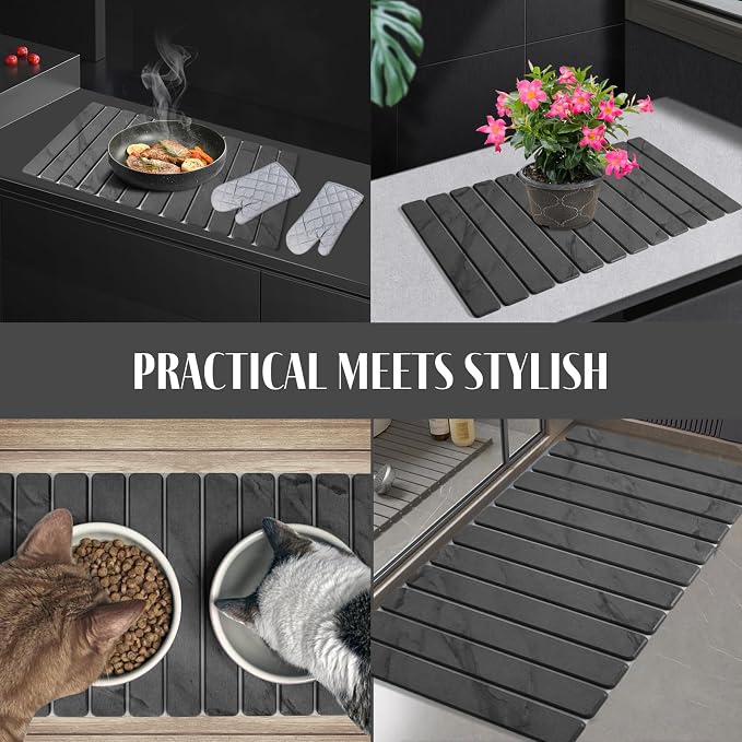 Extra Large Stone Dish Drying Mat for Kitchen Counter, 28"(L)×16 "(W) Foldable Quick Dry Dish Drying Mats, Absorbent Diatomaceous Earth Stone Drying Mats for Plate Rack Bottles Cups - Gray Marble