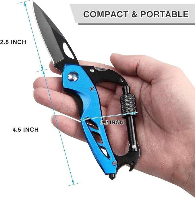 FUNBRO EDC Multitool Carabiner with Knife, Bottle Opener | Window Breaker and Screwdriver, Knives Tools for Men Outdoor Camping (Blue)