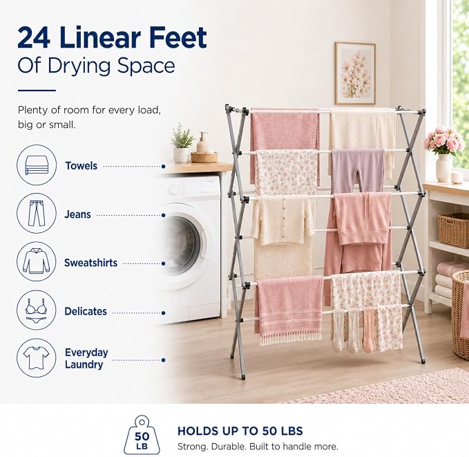 Honey-Can-Do Oversized Clothes Drying Rack, 35" Wide, 50 lb, Grey | Extra-wide 35" family-size rack holds 50lb of laundry. Rust-resistant steel folds flat; indoor or outdoor use. No Assembly