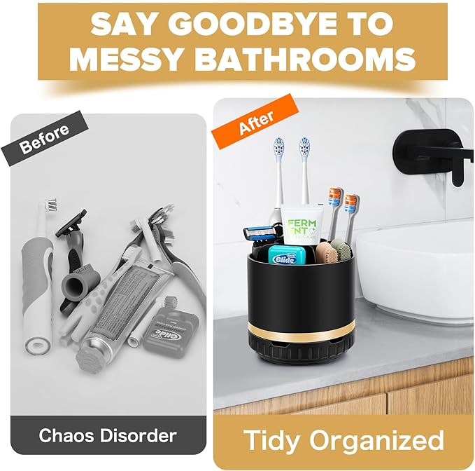 GFWARE Bathroom Organizer Countertop - Rotating Black Toothbrush Holder for Bathroom Accessories Organization Detachable 6 Slots Bathroom Sink Storage Caddy Vanity Organizer