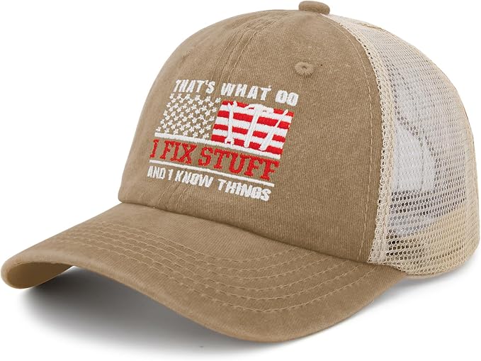 Embroidered That's What I Do I Fix Stuff & I Know Things Vintage Cotton Washed Soft Mesh Baseball Hat