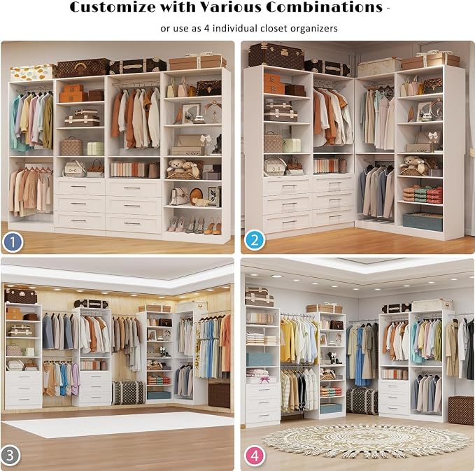 Closet System with 4 Sets, 8-21FT Closet Organizer Systems with 6 Drawers & 7 Hanging Rods & Adjustable Shelves, Walk in Closet Standalone Closet System Modular Closet System Set White