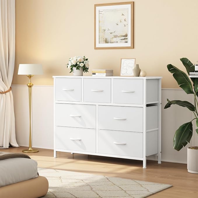 OLIXIS 7 Drawer Closet Organizer, Storage Tower with Sturdy Steel Frame | White Dresser for Bedroom, Wooden Top & Easy Pull Fabric Bins, Clothes Organization, Living Room Entryway