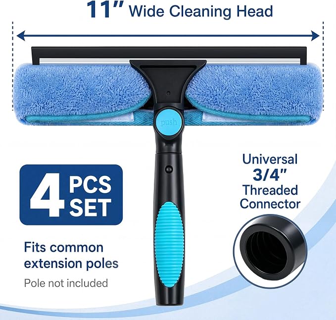 4 Pcs 11" Swivel Window Squeegee and Microfiber Scrubber 2 in 1 Cleaning Washer Cleaner Supplies for Windows, Shower Rooms, Car Windows, Without Extension Pole