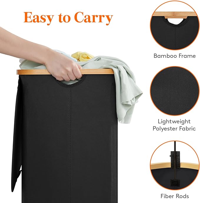 Lifewit 120L Double Laundry Hamper with Lid, Large Laundry Basket with Removable Bag & Bamboo Handles, Fodable Tall Dirty Clothes Hamper for Laundry Collapsible Bin for Bathroom Bedroom Dorm, Black