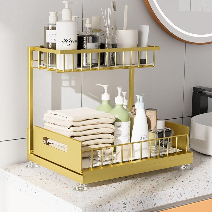 Saydear L-Shaped Under Sink Organizer, 2-Tier Pull-out Cabinet Rack 1-Pack | Gold Height-Adjustable Steel Rack, Sliding Grid Drawers with PP Liners, Holds 100 Lbs, Suction Base, Ideal Kitchen Storage