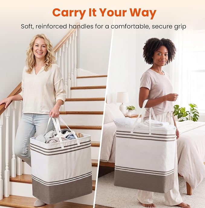 TranquilRelax 3-Pack Laundry Basket, Laundry Hamper, Khaki-100L | Freestanding＆Water-Resistant Laundry Hamper, Collapsible Tall Clothes Hamper with Carry Handles for Clothes, Laundry Basket