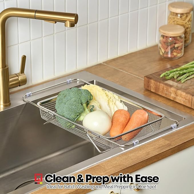 WAGENSTEIGER Extendable Dish Rack with Feet, Vegetable Colander Basket, Stainless Steel Dish or Silverware Drying Rack, Ultimate Kitchen Organizer Over the Sink (12.99 x 9.65 x 2.76 Inches)