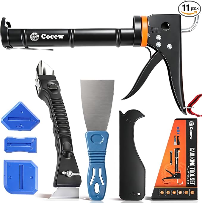 Caulk Gun Kit, Smooth Silicone Caulking Gun and Caulk Remover Tool, Sealant Finishing Tool Grout Scraper for Kitchen Bathroom Window Sink Joint, All in One with Gift Box