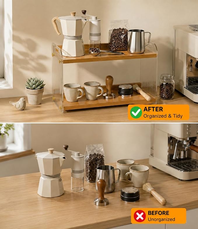 2 Tier Coffee Station Organizer - Acrylic & Pine Wood -15.75" x6.18" x9.37" | Easy-to-Clean coffee bar shelf, Matcha Station for Kitchen Countertops, for Placing Mugs, Coffee Beans, Syrup, Cups etc.