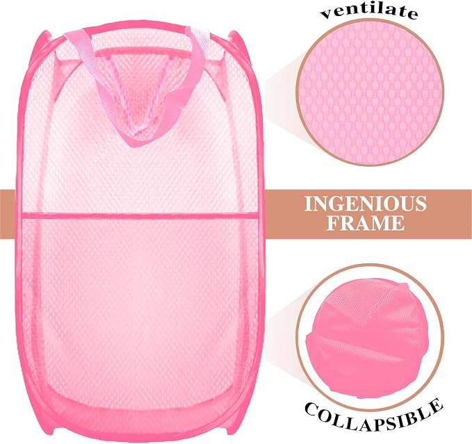Collapsible Pop Up Laundry Hamper, Extra Large Mesh Foldable Laundry Basket, 28" x 16" x 16"(Pink)