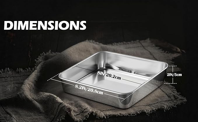 Leonyo Stainless Steel 8x8 Baking Pan, 2 Pack Metal 8IN x 8IN Square Cake Pans, Commercial Brownie Pans Baking Dish for Cornbread, Banana Bread, Lemon Bars, Dishwasher Safe