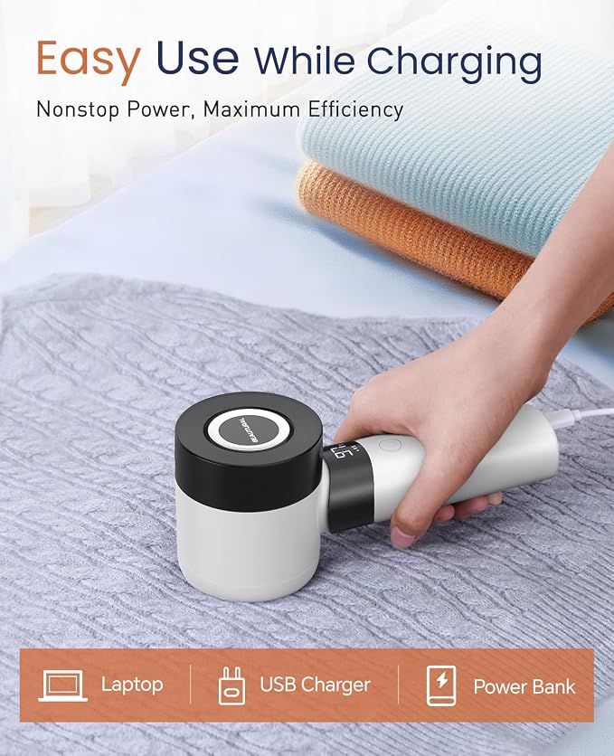 BEAUTURAL Fabric Shaver and Lint Remover, Rechargeable Sweater Defuzzer | LED Display, 3-Speed Settings, 6 Leaf Blades, Portable Pilling Remover for Clothes, Furniture, Blankets