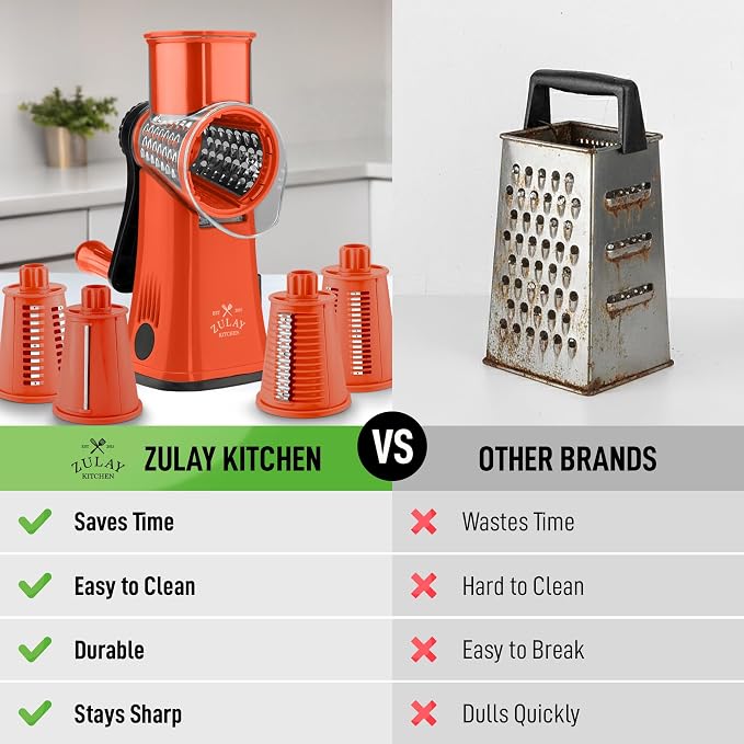 Zulay Kitchen Rotary Cheese Grater 5 Blade Cheese Shredder - Manual Hand Crank Cheese Grater With Reinforced Suction & 5 Interchangeable Drums - Easy to Use, Vegetable Chopper Round Mandoline Slicer