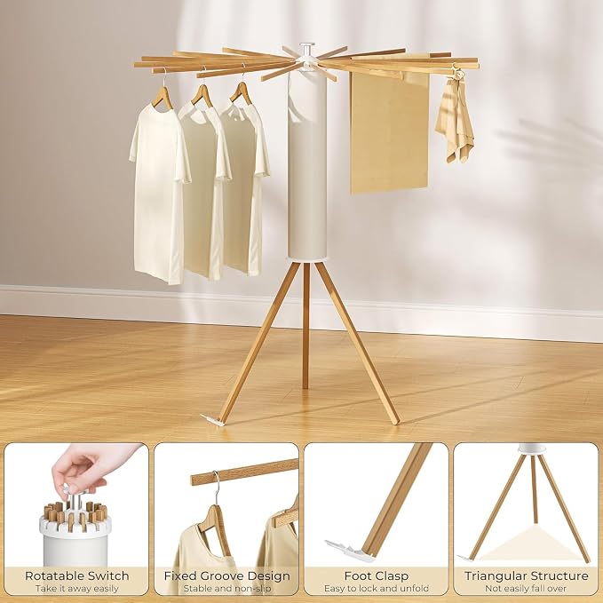 Wooden Tripod Clothes Drying Rack, Foldable Portable Garment Stand, Space Saving Laundry Drying Stand for Clothes, Indoor Outdoor Balcony Bedroom Laundry Organizer