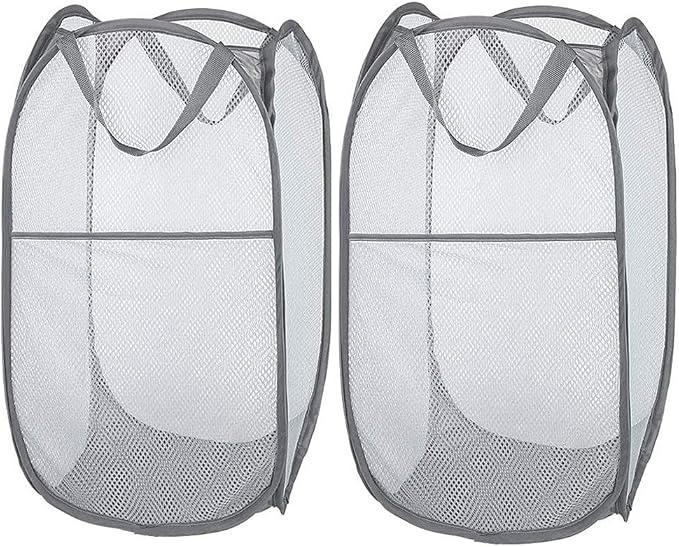Larpur 2 Pcs Popup Mesh Laundry Baskets, Collapsible and Portable Clothes Washing Laundry Hampers with Reinforced Carry Handles, Gray Clothes Hamper for Home, Travel, College Dorm