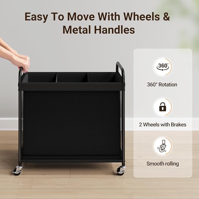 ELYKEN Laundry Hamper 3 Section, 120L Rolling Laundry Sorter with Wheels | Removable Washable Liner Bags, Sturdy Steel Frame and Metal Handle, 3 Compartment Clothes Organizer for Laundry Sorting