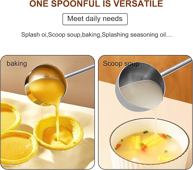 2Pcs Stainless Steel Cooking Spoons, Sauce Scoop with Long Handle 304 Stainless Steel Deep Oil Sauce Spoon for Kitchen Cooking, Serving