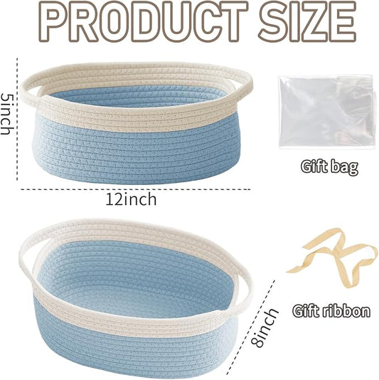 JMvicyroam Woven Basket,Small Rope Storage Bin with Handles & Ribbon Bag, Organizer for Shelves Closets,Gift Basket Empty for Birthday,Books,Dog Toys, White&Blue/3 Pack