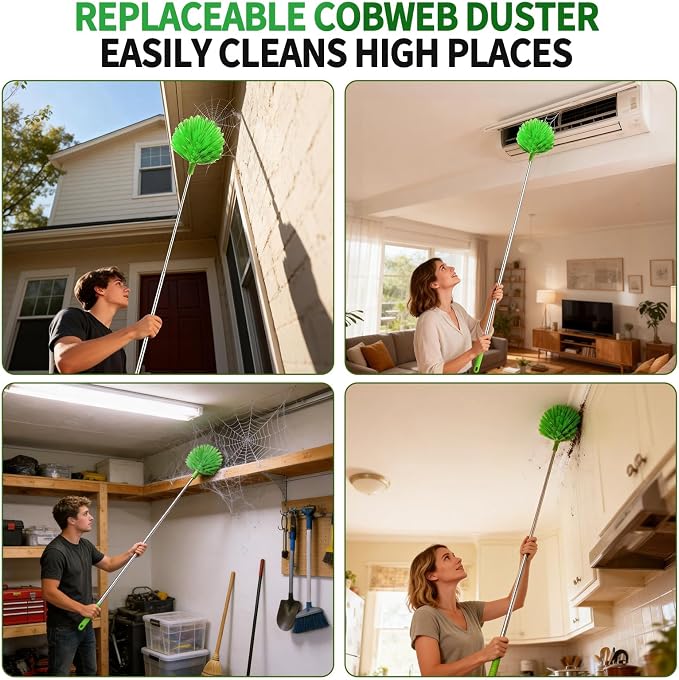 Cobweb Duster with Extension Pole, Washable Cleaning Duster Kit with 3 Duster Heads, Cobweb Duster, Corner Brush, Aluminum Telescoping Pole for high Ceiling Fan，Spider Web Brush with Extension Pole