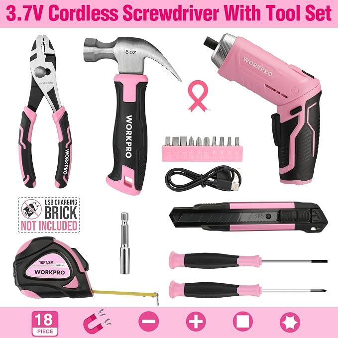 WORKPRO Pink Tool Set with 3.7V Rotatable Electric Screwdriver, 18PCS Portable Ladies Home Tool Kit with Toolbox, Cordless Electric Screwdriver Kit, Household tool kit for Dorm, Apartment -Pink Ribbon | Pink Ribbon, USB-C Rechargeable, Compact Storage ...