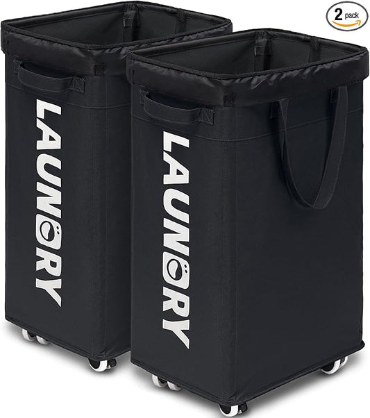 Goodpick 2-Pack Dirty Clothes Hamper with Wash Bag, Rolling Hamper,75L | Black Laundry Hamper with Wheels, Large Laundry Basket with Handles for Dorm Laundry Room, Rolling Laundry Basket
