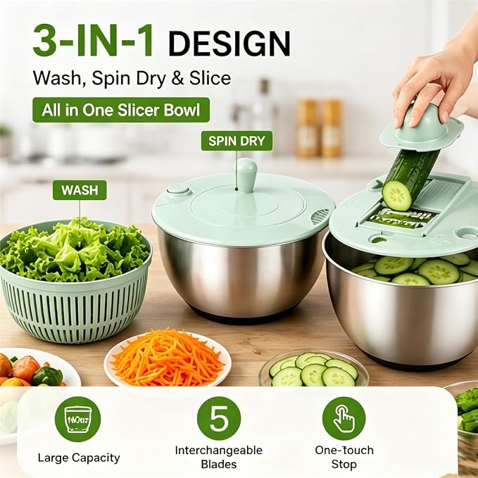3 in 1 Salad Spinner with Mandoline Slicer, All in One Slicer Bowl, Multifunctional Salad Spinner Small Stainless Steel, Vegetables Wash Bowl, Fruits & Lettuce Dryer with 5 Blade (Stainless Steel)